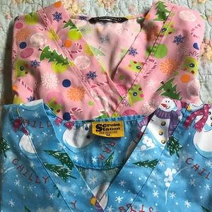 Lot of 2 Christmas motif scrub tops.